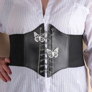 Plus Size Black Leather Chain Butterfly Corset Belt